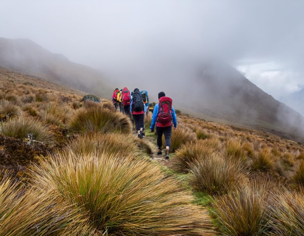 Firefly A high-altitude páramo landscape with a group of hikers walking through a misty, cold enviro en tamaño grande