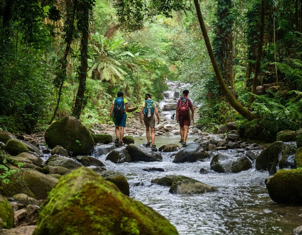 Firefly A peaceful hiking trail alongside a clear, flowing stream in a dense forest. The water gentl en tamaño grande