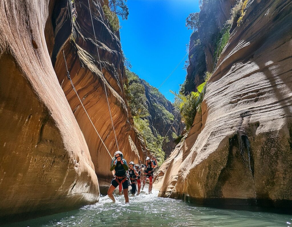 Firefly Design a technical and adventurous scene of a group of people navigating through a narrow ca en tamaño grande